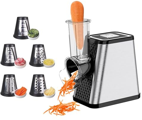 Cortador de Verduras Eléctrico 5-en-1, 500W Rallador Eléctrico con 5 Cuchillas de Acero Inoxidable para Queso, Verduras, Frutas – Rallador de Cocina Eléctrico y Cortador de Verduras