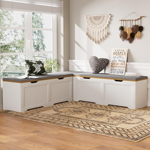 Vibe & Dine 3-Piece L-Shape Storage Bench with Cushion, Backless Corner Dining Bench, Kitchen Dining Nook Bench with Hidden Storage for Dining Room, Kitchen, Entryway, 63 D x 63 W x 19.1 H (White)