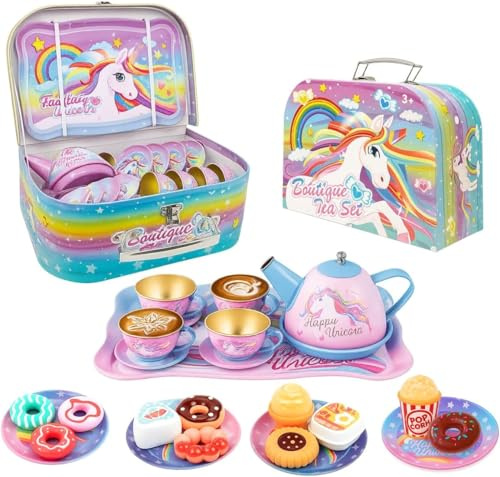Toyana Tea Party Set for Children - 27 Piece Unicorn Kids Tea Sets with Tin Carry Case, Teapot, Cups, Plates & Pretend Play Food, Role Play Toy for Girls Age 3+