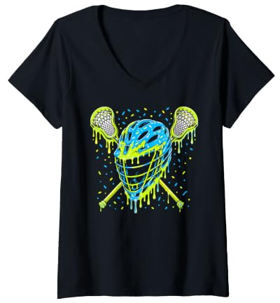 Women's Colorful Dripping Helmet Lacrosse Vibes V-Neck T-Shirt