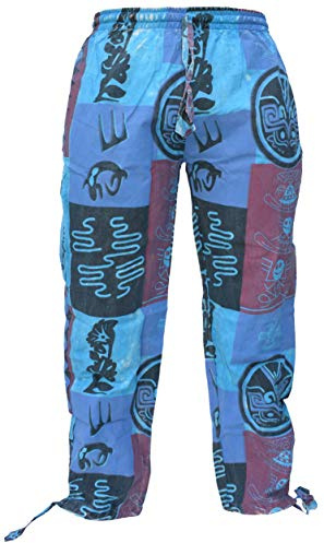 Gheri Mens Hemp Cotton Tribal Patchwork Gecko Print Aztec Symbols Loose Straight Trouser Pants Medium