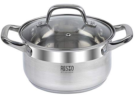 RESTO Rostfri stålgryta 22 cm – soppgryta, universell kastrull 3,5 l – gryta med lock – kastrull för alla typer av spisar inklusive induktion – belagd kruka med värmebeständigt glaslock, mätskala