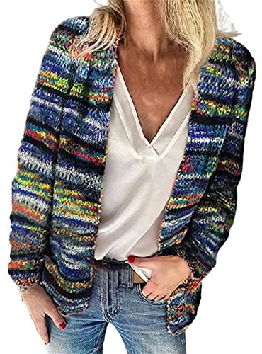 Sawmew Cardigan Arc-en-Ciel pour Femme, Multicolore Rayé Devant Ouvert Automne Hiver Pull Tricoté Oversize Cardigan Couvrir Pull Veste (Color : Blue, Size : 3XL)