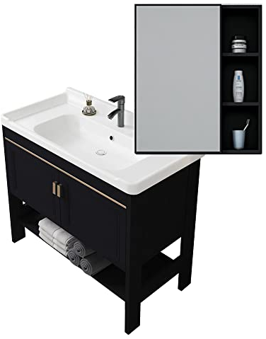 Badezimmer-Waschtisch Küchenspüle Spülbecken Spültisch schwarzer mit Unterschrank-Waschbecken für Waschküche, Waschbecken-Combo-Schrank Unterbau-Keramik-Waschbecken-Wasserhahn-Abfluss ( Color : Sink+M