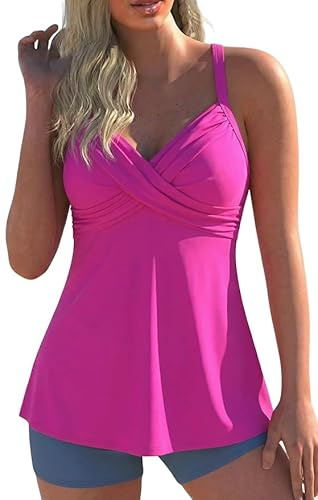 Hilor Hot Pink Swimsuit Top for Curvy Women Push Up Swim Tops with Underwire Bra Support Tankini Top Swimwear 16