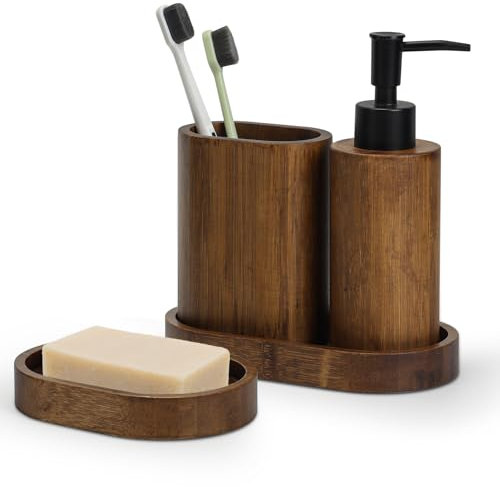 Ensemble d'accessoires de salle de bain, 4 pièces, bambou carbonisé, porte-savon, distributeur de savon, plateau, tasse de bain de bouche, fait main, résistant à l'humidité, style japonais