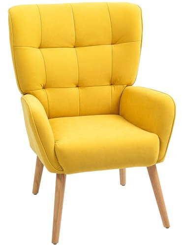 HOMCOM Sessel Wohnzimmer Loungesessel Relaxsessel mit Holzbeine Lesesessel mit Samtoptik, Polstersessel für Schlafzimmer Gelb
