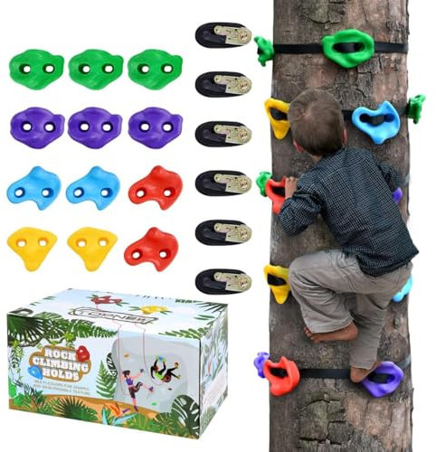 TOPENEW Set Prese Arrampicata su Alberi per Bambini 12pz Prese Arrampicata per Bambini 6pz Cinghie a Cricchetto Grandi Prese per Arrampicata per Percorso Ostacoli Bambini e Casetta sull'Albero