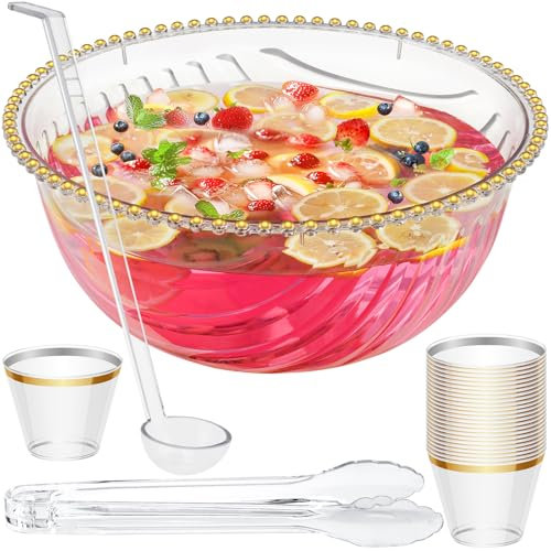 NiHome Bote grande de 6,4 l – Juego de cuencos de plástico con cucharón, pinzas y 25 vasos con borde dorado – Juego de bolos reutilizable para bebidas, ensaladas y aperitivos – Ideal para fiestas