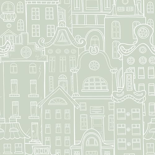 VEELIKE Green Whimsical City Houses Wallpaper Peel and Stick Removable Hand-Drawn Townscape Wallpaper for Bedroom Nursery Kids Room 17.7''x118'' Self Adhesive City Wall Mural for Bathroom Living Room