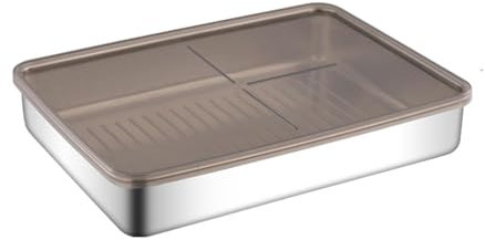 Contenitore salva-carne, vassoio in acciaio inox con coperchio, design con fondo rialzato, separatore di grasso, organizer da cucina per salumi, preparazione dei pasti, uso domestico