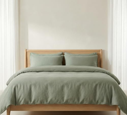 The Tangerine Store - Set copripiumino in cotone e lino, traspirante, pre-lavato e ipoallergenico - Verde salvia, King (standard USA) (259 cm x 229 cm)