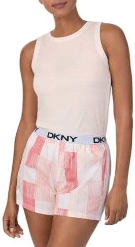 DKNY Completo da donna in 2 pezzi, canottiera e pantaloncini, Stampa a righe scozzesi rosa crema perla, X-Large