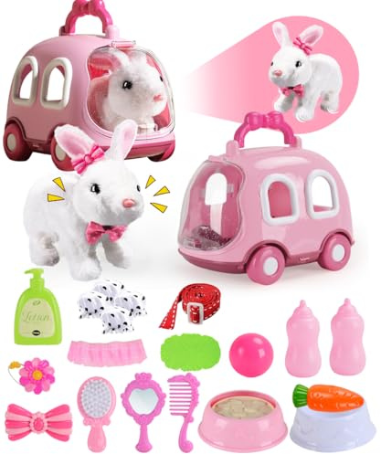 21Piezas Mascotas Electrónicas Interactivas, Conejos de Peluche Interactivos, Juguete de Conejo Rebotando, Conejo Interactivo Juguete para Mascotas con Jaula, Regalo de Juego para Niños Navidad Pascu