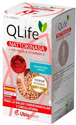 QLife Nattokinasa Premium NSK-SD® 100 mg (20.000 U.F./g) - Complemento alimenticio a base de Soja Fermentada con Vid Roja y Vitamina E – Apoyo Cardiovascular - Alta dosis - 60 cápsulas veganas