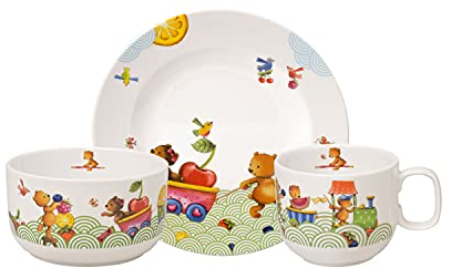 Villeroy & Boch - Hungry as a Bear Kindergeschirr-Set 3-teilig Grün, Spülmaschinenfest, Mikrowellensicher, Set mit Kinderteller, Kinderbecher und Müslischüssel für Kinder, Geschirr, Premium Porzellan