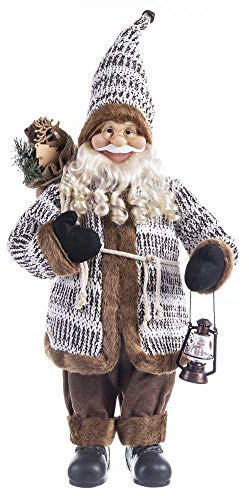 LOLAhome Papá Noel con farolito de Tela Crochet y de Pelo en Tonos Marrones de 60 cm