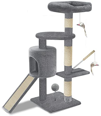 VOUNOT Kratzbaum Stabiler Katzenbaum Kletterbaum für Katzen, mit Plattformen Höhle Sisalseil, 115cm, Grau
