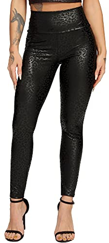 RIOJOY Damen Leder Leggings High Waist Lederhose Sexy Lederoptik Leggins, Leoparden M