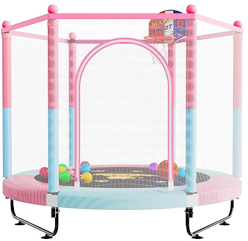 60 Trampoline for Kids, 5 FT Toddler Baby Trampoline with Safety Enclosure Net, Indoor or Outdoor Pink/Blue Small Trampolines with Basketball Hoop, Birthday Gifts for Kids, Gifts for Girl