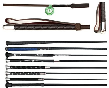 JA Horse Fleck Springpeitsche Springgerte Springstock Reitgerte (60 cm, Ledergriff - Dünne Zunge braun)