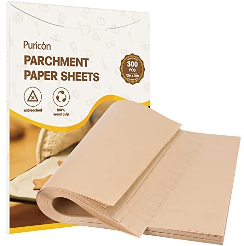 Puricon Pre-Cut Baking Parchment Paper 300 Sheets for Kitchen Cooking Pastries Catering Use 30.5 x 40.6 cm(12” x 16”), Non-Stick Unbleached Dual-Sided Siliconized Recyclable Oven Safe Baking Paper
