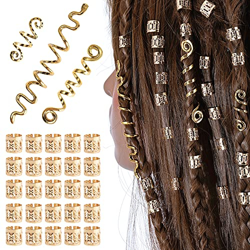 XCSJ Dreadlock Schmuck Haarspiralen Clips Haar Geflecht Ringe, Verstellbar Metall Cuffs Haar Dreadlocks Zubehör Manschetten Haarschmuck Set Haarspiralen Dreadlocks Für Männer Und Frauen -28Pcs (Gold)