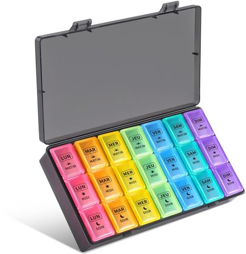Opret Pilulier Semainier Français 7 Jours 21 Compartiments 3 Fois Multicolores Pilulier Hebdomadaire Boîte à Medicaments
