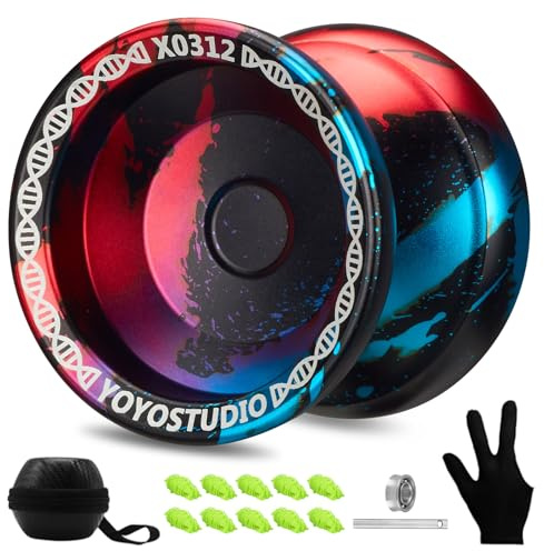 YOYOSTUDIO Unresponsive Yoyo Professional Fingerspin Yoyo for Kids Beginners, Yo yo for Adults, Metal Yoyos for Finger Spin Tricks, Pro Trick Yoyos with 10 Strings, Case & Gloves Black Blue Red
