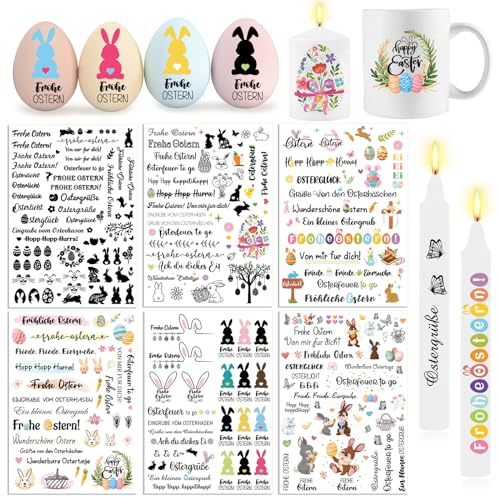 DPKOW 6 Blatt Kerzentattoos Ostern, Ostern Wasserschiebefolie Kerzen Tattoo Folie Ostern Kerzenfolie Frohe Ostern Kerzensticker für Tassen Kerzendekoration, DIY Sprüche Osterhasen Eier Kerzentattoos