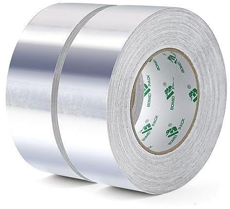 BOMEI PACK 2 rolls Aluminum foil tape Heat Resistant High Temperature Foil tape 50 mm x 50 m Waterproofs for Pipes Repairing Insulating heating ventilation HVAC ducts Fixing works