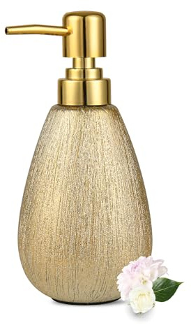 Dispensador de jabón de cerámica de Oro Cepillado, Bomba desinfectante y jabón de Manos Recargable de 11 onzas, diseño Texturizado 3D para decoración de Cocina o baño, Oro Cepillado