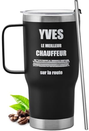 Maverton Mug Isotherme Cafe 600 ml Noir avec personnalisation - Gobelet avec Paille en Acier Inoxydable - Garantie 6h Chaud/10h Froid - Cadeau Collègue de Travail chauffeur