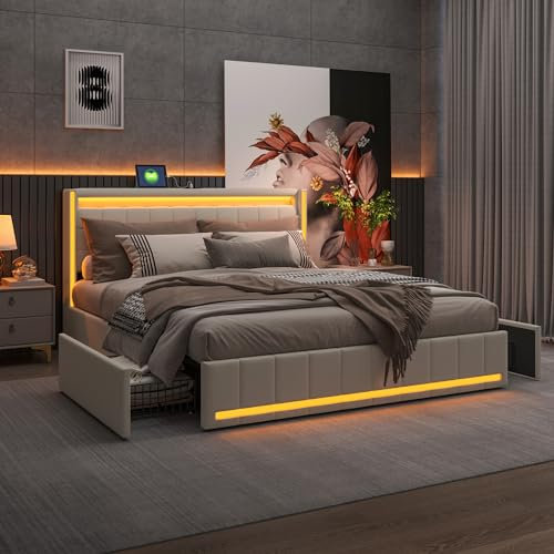 LONELYO Lit 160x200 avec Sommier LED et USB, Rangement et Tiroirs – Lit Coffre Moderne en Lin Beige pour Adolescents