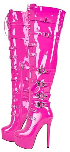 blingqueen Platform Thigh High Boots Riding Boots with Stiletto Heel Over The Knee High Boots Lace Up Motorcycle Punk Boots Buckles Chains Rivets Tall Boots Pink Gothic Boots Long Biker Boots Size 5