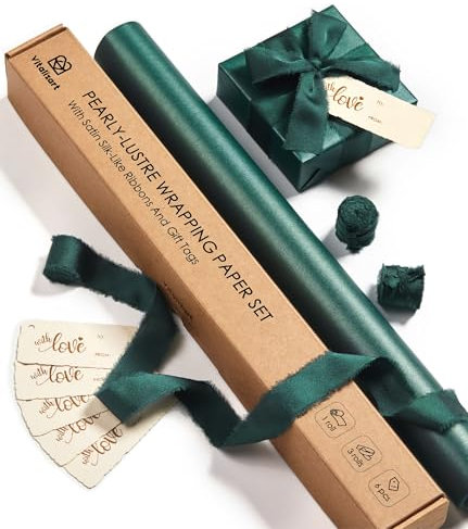 Vitalizart 43cm*5m Dunkelgrünes Geschenkpapier Set, Perlglanz mit Dunkelgrünes Geschenkband & Geschenkanhänger Recycelbar, Geschenkpapierrolle für Weihnachten Geburtstag Hochzeit Geschenk & Handarbeit