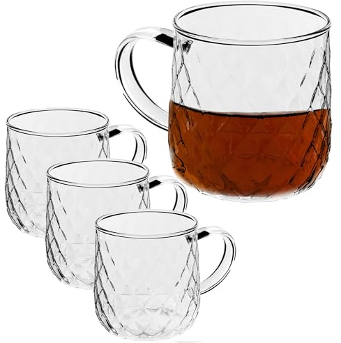 KADAX Bicchieri da tè 350 ml, 4 pezzi, con manico, lavabili in lavastoviglie, per caffè, tè, acqua, succhi di frutta, bevande, giardino, bicchiere, set di