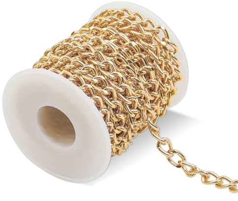TOKSEO 5 m in alluminio con bobina, catena a maglie dorate, al metro, non sbiadisce, 6,5 x 10 mm, adatta per collane, bracciali e gioielli fai da te