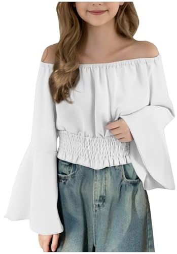 Zeiayuas Girls Off Shoulder Shirt Long Sleeve Bell Sleeves Cotton Tshirt Chiffon Elegant Party Wear Tops Strapless Blouse Fashion Spring Fall Shirt for Kids 5-15 Years White