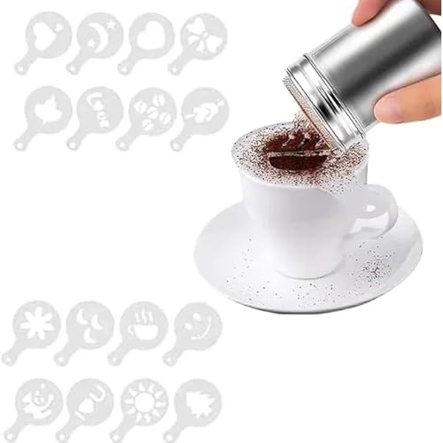 Chocolate Shaker Stainless Steel Duster Dredges Cans Coffee Sprinkles Powder Set Cocoa Cinnamon Powder Can with 16 Coffee Molds Stencils for Kitchen Baking Cooking Cappuccino Coffee Latte Coffee
