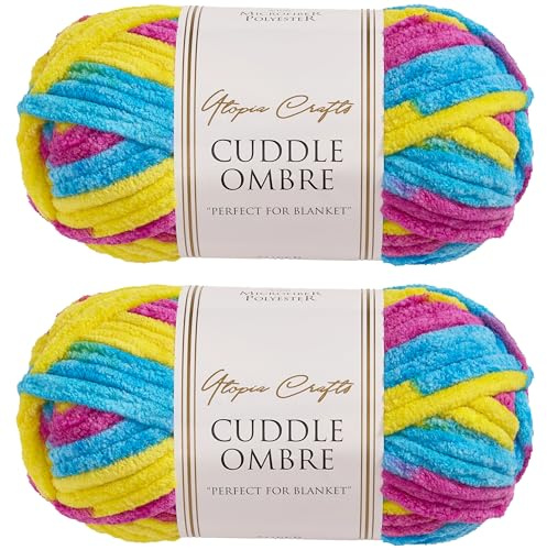 Utopia Crafts Cuddle Ombre - Filato morbido di ciniglia super grosso, per lavorare a maglia e uncinetto, 2 confezioni da 100 g (blu neon carnaval, 2 confezioni da 100 g)