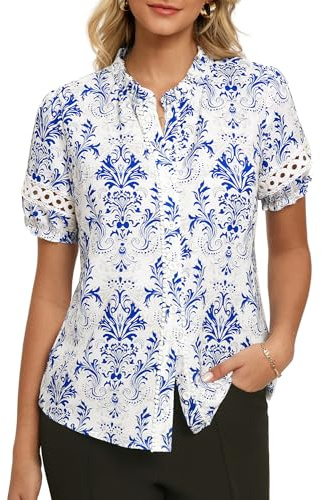 GRACE KARIN Women's Floral Boho Shirt Lace Ruffle Stand Collar Blouse Spring Summer Vacation Top