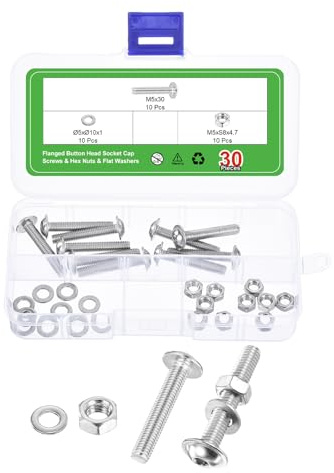 QUARKZMAN 10 Juegos De Tornillos De Cabeza Redonda Con Reborde M5-0.8x30mm Y Tuercas Hexagonales Y Arandelas Planas, 304 Acero Inoxidable Tornillos De Allen, Roscado Completo, Plateado