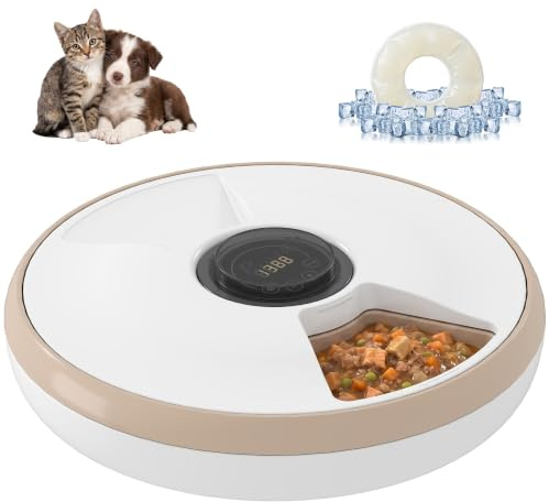 PawHut Comedero Automático para Gatos y Perros Paquete de Hielo 6 Cuencos | Dispensador de Comida para Gatos con Temporizador Programable, Pantalla LED, Funciona con Baterías, para Secos y Húmedos