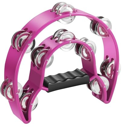 Flexzion Pandereta profesional de forma media luna, Pandereta de mano de doble fila - 10 pares 20 sonajas, Panderetas infantiles de plástico para Navidad, niños, regalo, Rosa