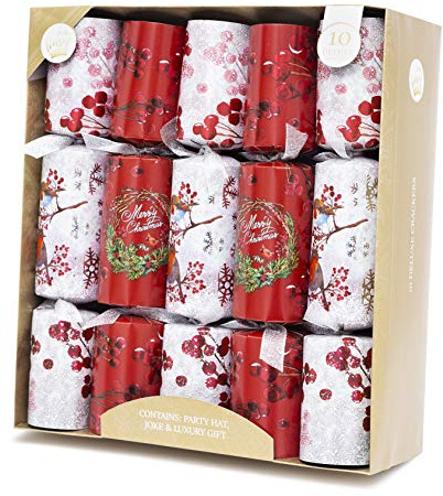 10 Christmas Crackers Deluxe Gifts Party Hat Joke 10 x 14” Crackers (R & White Holly & Robin)