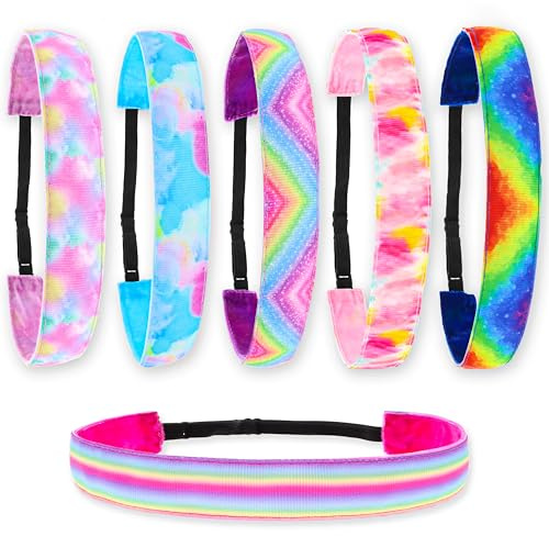 FROG SAC Headbands for Girls - 6 Adjustable No Slip Head Bands for Kids, Athletic Sport Hair Bands for Women, Stretch Elastic Headband, Fabric Hair Accessories for Children (Tie Dye)
