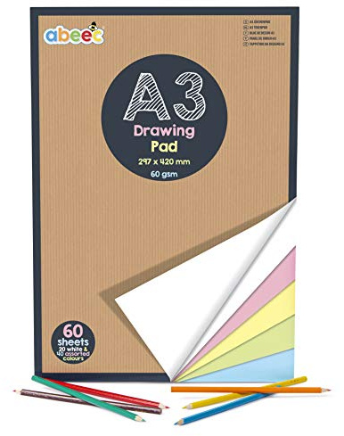abeec A3 Drawing Pad – 20 White Sheets and 40 Coloured Sheets – A3 Sketch Pad with White and Pastel Paper
