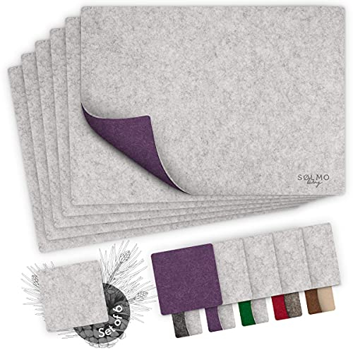 sølmo I Designer Tischset aus Filz, Hitzebeständig I 6er Filz Platzsets mit Glas-Untersetzer I Tischsets, Platzdeckchen I Tischdeko doppelseitig, Grau/Lila