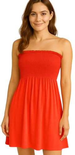 STAR FASHION Women’s Strapless Sheering Ruched Bandeau Dress Plain Boob Tube Sleeveless Midi Dress Summer Holiday Beach Flared Dress Soft Stretch Red 20-22